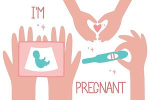 un resultado positivo de la prueba de embarazo, una foto de un bebé en una ecografía.
