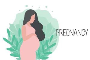 una mujer embarazada feliz sostiene su estómago. el embarazo. embarazo feliz ilustración de dibujos animados de vector plano.