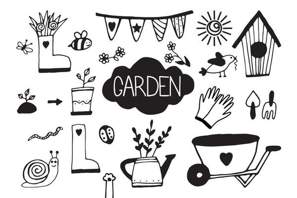 Collection of elements of a spring sketch on a white background flowers, garden tools, bugs, spring trees, birdhouse.