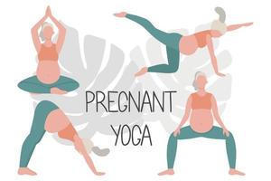 Happy and healthy pregnancy concept. Pregnant woman doing yoga, 4 exercises for health and relaxation. vector