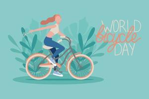 World Bicycle Day poster with girl cycling background with monstera. Eco concept. vector