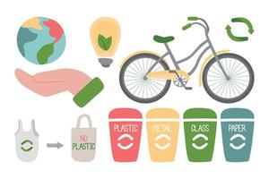 Vector ecological car, bike, garbage sorting tanks. Respect for nature, zero waste. Vector earth conservation design elements. Hands hold the earth.