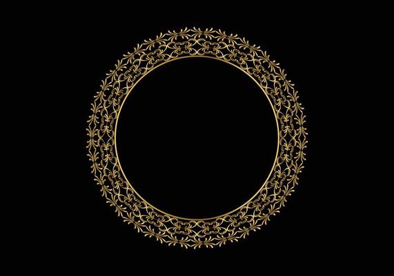 Golden Decorative round frame for design with floral ornament. A template for printing postcards, invitations, books. gold on black background.