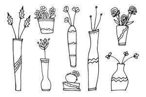 Potted flowers are drawn with a black line on a white background. Vector doodles.