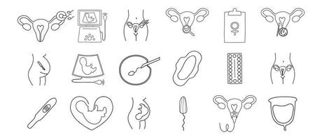 conjunto de iconos de ginecología y obstetricia. ecografía, chequeo, fecundación artificial, cirugía ginecológica, pastillas anticonceptivas, menstruación. ultrasonido, fecundación artificial, embarazo, feto.