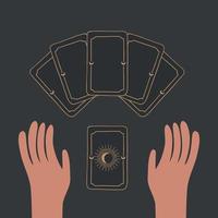 Hand holds magic tarot cards, boho, symbol of fortune-telling and prediction, icon for witch, astrology. Vector illustration isolated on black background.