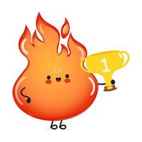 Cute funny fire hold gold trophy cup. Vector hand drawn cartoon kawaii character illustration icon. Isolated on blue background. Fire with winner trophy cup