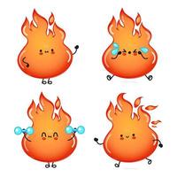 Funny cute happy fire characters bundle set. Vector hand drawn doodle style cartoon character illustration icon design. Cute fire mascot character collection