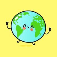 lindo divertido saltando planeta tierra. icono de ilustración de personaje kawaii de dibujos animados dibujados a mano vectorial. aislado sobre fondo amarillo. concepto de planeta tierra vector