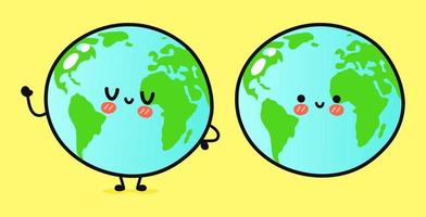 Cute funny planet Earth waving hand. Vector hand drawn cartoon kawaii character illustration icon. Isolated on yellow background. Planet Earth character concept