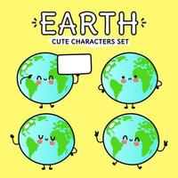 Funny cute happy planet Earth characters bundle set. Vector hand drawn doodle style cartoon character illustration icon design. Isolated on yellow background. Cute planet Earth mascot character