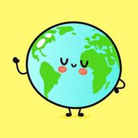 Cute funny planet Earth waving hand. Vector hand drawn cartoon kawaii character illustration icon. Isolated on yellow background. Planet Earth character concept