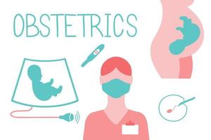 Obstetrics icons set. Ultrasound, artificial fertilization, pregnancy, fetus, embryo in woman's belly, pregnancy test. vector