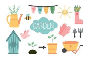 Collection of elements of a spring sketch on a white background flowers, garden tools, bugs, spring trees, birdhouse. vector