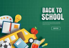 Back to school with education items on green chalkboard background in paper art style. vector