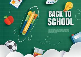 Back to school with education items on green chalkboard background in paper art style. vector