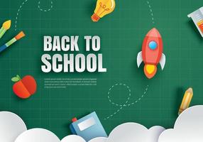 Back to school with education items on green chalkboard background in paper art style. vector