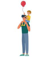 Father and son. Young man holds a child with a balloon in his arms. The concept of family rest and love. Vector flat illustration isolated on the white background.