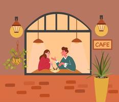 Couple eats in a cafe. Young girl together with a guy on a date in a restaurant. Meeting love relationship. Vector flat illustration