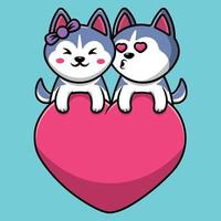 Cute Husky Dog Couple On Heart Cartoon Vector Icon Illustration. Animal Flat Cartoon Concept