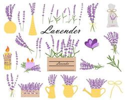 Delicate lavender set of lavender flowers in yellow vases, lavender candles, lavender bouquets. vector