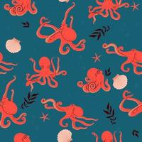 Seamless pattern with octopuses, starfish, seashells, algae. Vector graphics.