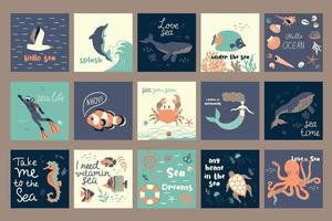 Collection of marine cards or posters with various marine animals, seashells, seaweed, aquatic plants. Vector graphics.