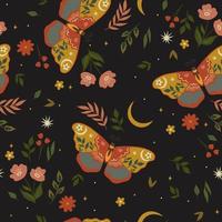 Seamless pattern with moths and leaves. Vector graphics.