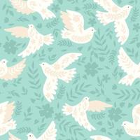 Seamless pattern with doves on a blue background. Vector graphics.