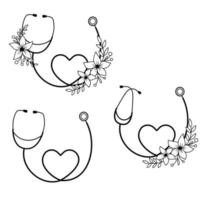 Sign stethoscope with flowers with heart. Vector illustration isolated on white. Medical logo in outline style.