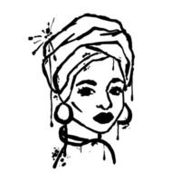 Graffiti woman with leaks and splashes. Afro girl with grunge earrings style. Vector illustration isolated on white.