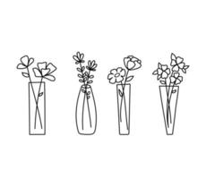 Set of transparent different vases with flowers. Stylized vector outline illustration isolated on white background. Hand drawn doodle sketch wildflowers