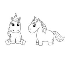 Fantasy outline illustration with cute baby unicorn for coloring page. Vector little unicorns isolated on white background.