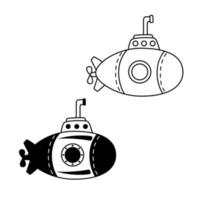 Outline retro submarine bathyscaphe with porthole and periscope. Childish vector illustration isolated on white background