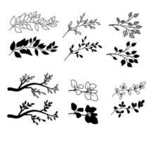 A set of branches with leaves. Silhouettes and outlines. Vector objects are isolated, hand drawn