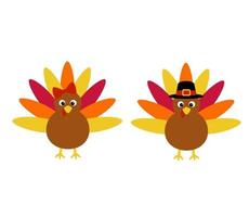 Vector illustration of thanksgiving turkey isolated on white background. Simple flat turkey for kids with bow and hat for kids
