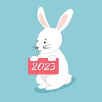 Cute character white bunny with tablet 2023. Vector illustration of rabbit isolated on blue background. Symbol new year