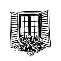 Old window with flowers silhouette sketch. Vector illustration isolated on white background