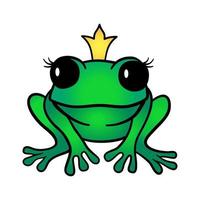 Vector cartoon green princess frog in crown isolated on white background. Cute frog illustration