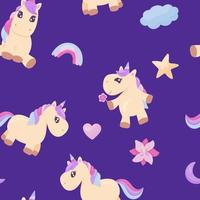 Fantasy cartoon seamless pattern with cute baby unicorn for textile design. Rainbow, cloud and star vector