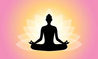Human meditating in sitting on aura lotus background vector