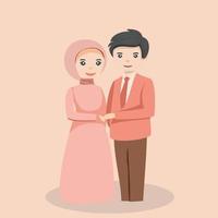 Happy muslim bride and groom get married. Flat vector illustration of lovers man and woman in wedding clothes. Together forever.
