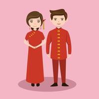 Chinese bride and groom cartoon wedding with double happiness symbol vector
