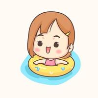 Cute girl swimming with rubber ring. Summer holidays and vacation. Chibi cartoon character. Flat vector illustration