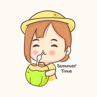 Cute girl drinking coconut. Summer holidays and vacation. Chibi cartoon character. Flat vector illustration