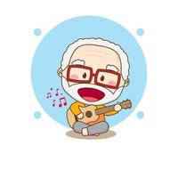 Cute old man playing guitar. Chibi cartoon character vector