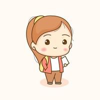 Cute girl young student. Chibi cartoon character. Flat vector illustration