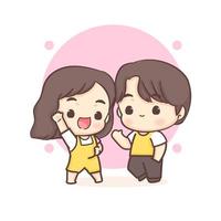 Cute lovers couple greeting pose. Happy valentine chibi cartoon character. vector