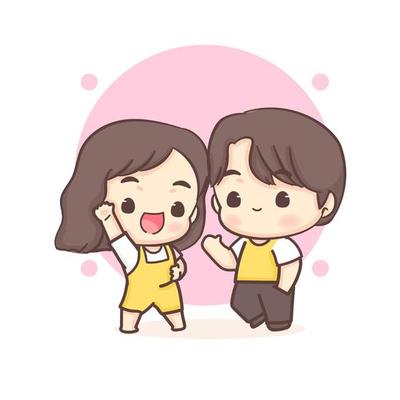 Cute lovers couple greeting pose. Happy valentine chibi cartoon character.  9390035 Vector Art at Vecteezy