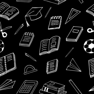 back to school seamless pattern. hand drawn doodle. , scandinavian, nordic, minimalism, monochrome. stationery, book, notepad, notebook, ball, paper airplane ruler scissors graduate cap education